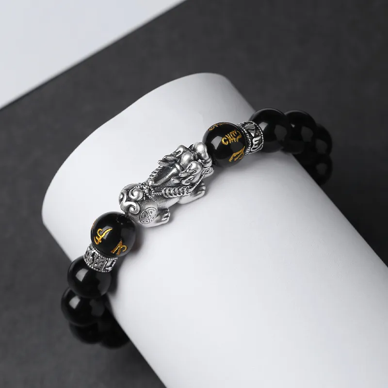 Eoro Obsidian 999 Fine Silver Beaded Bracelet Men's-3