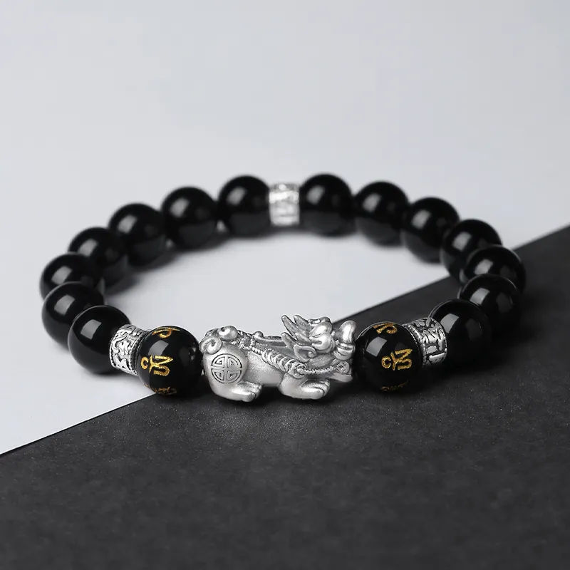 Eoro Obsidian 999 Fine Silver Beaded Bracelet Men's-1