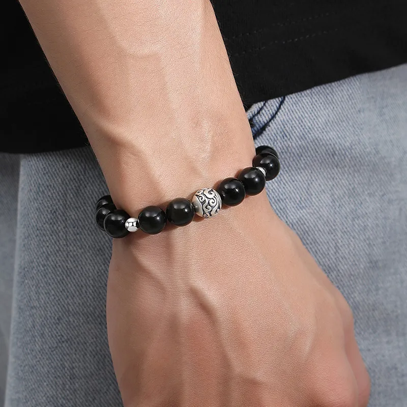 Eoro Obsidian 925 Sterling Silver Beaded Bracelet Men's-5