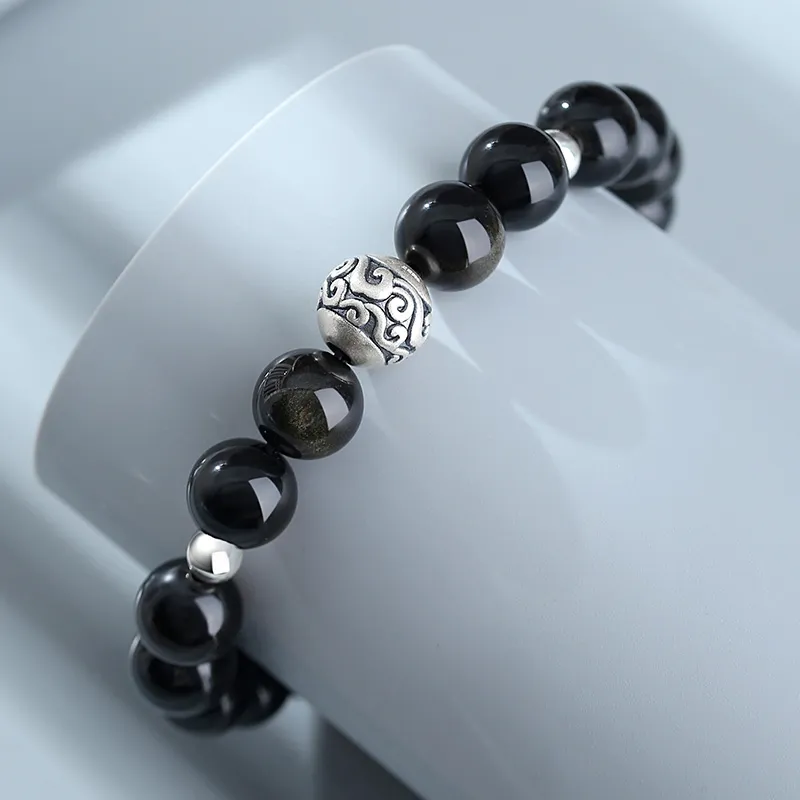 Eoro Obsidian 925 Sterling Silver Beaded Bracelet Men's-3