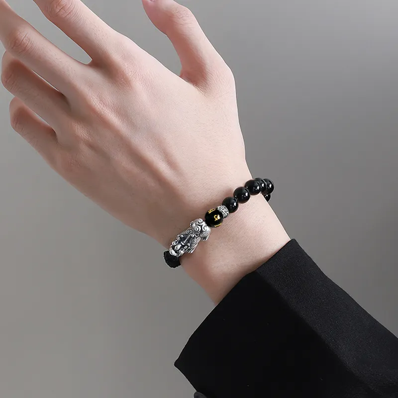 Eoro Obsidian 999 Fine Silver Beaded Bracelet Men's-4
