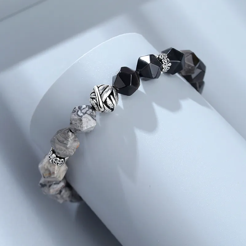 Eoro Obsidian 925 Sterling Silver Beaded Bracelet Men's-1