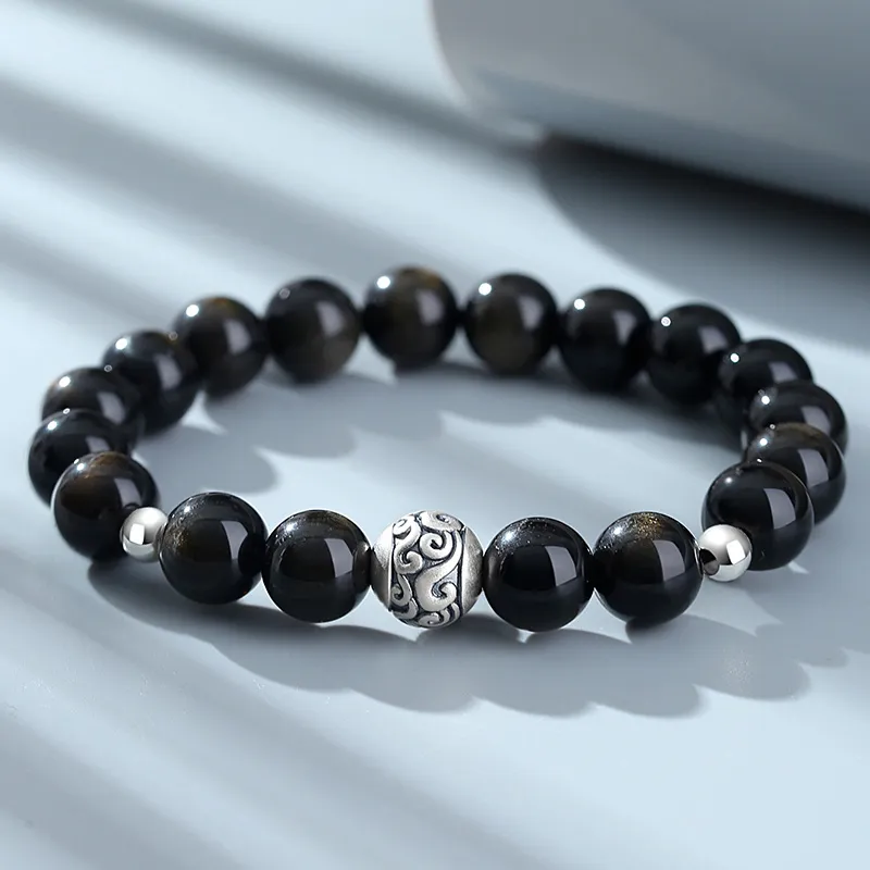 Eoro Obsidian 925 Sterling Silver Beaded Bracelet Men's-1