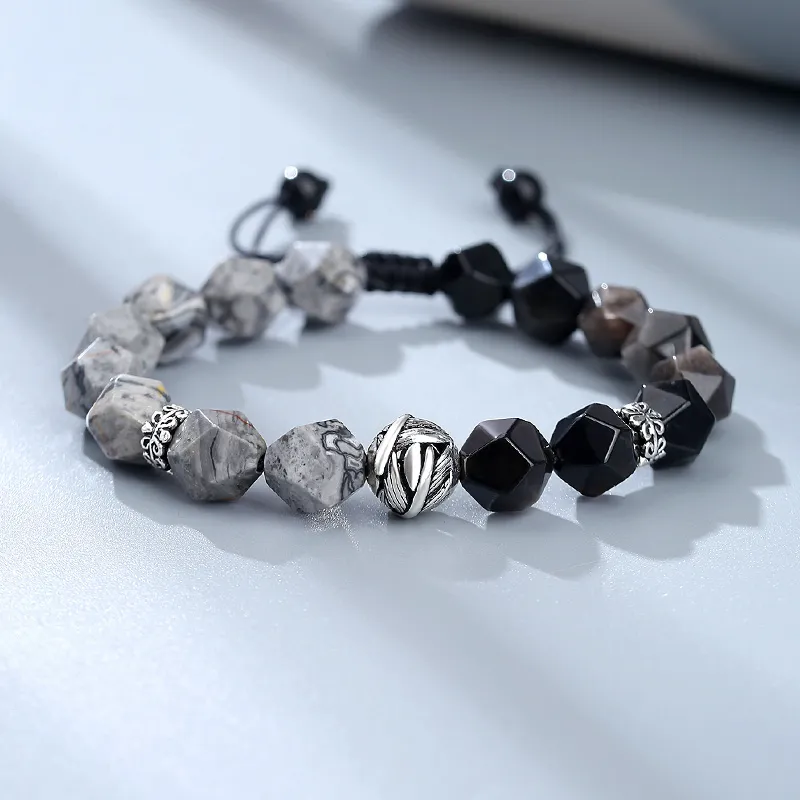 Eoro Obsidian 925 Sterling Silver Beaded Bracelet Men's-2