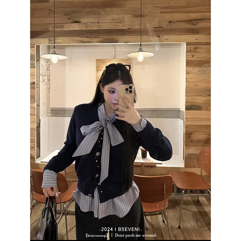 BSEVENI Shirt Women's Dark Blue Stripes-3