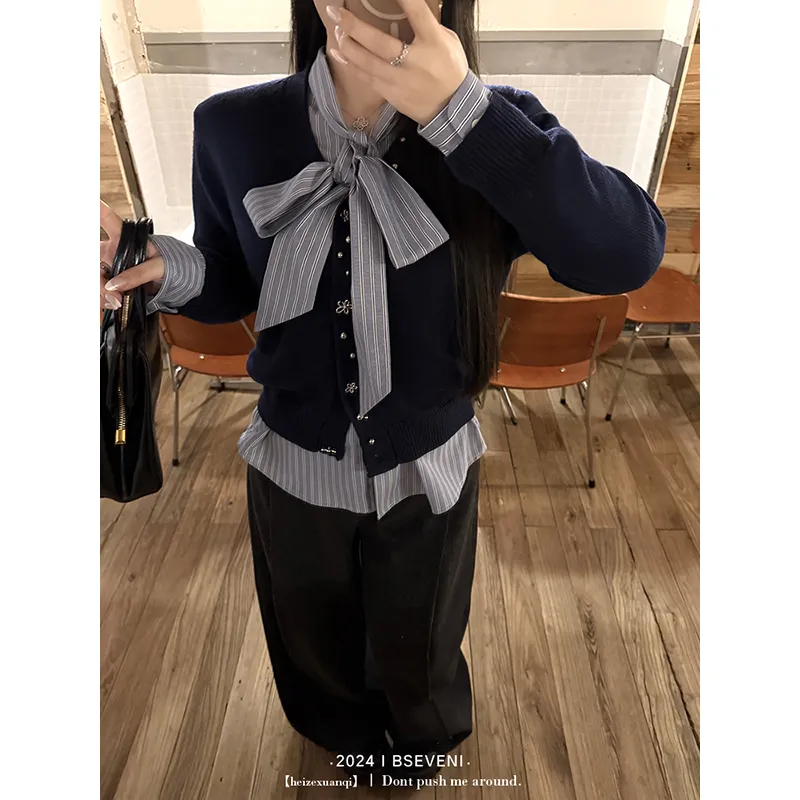 BSEVENI Shirt Women's Dark Blue Stripes-4