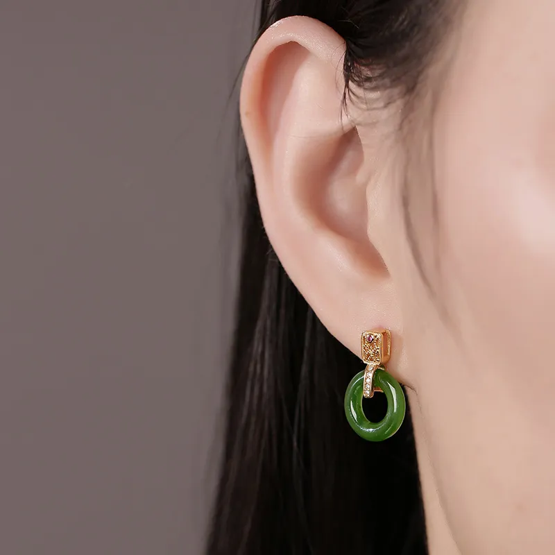 Princess Cui 925 Sterling Silver Hetian Jade Earrings Women's Pale Greenish White Jade-2