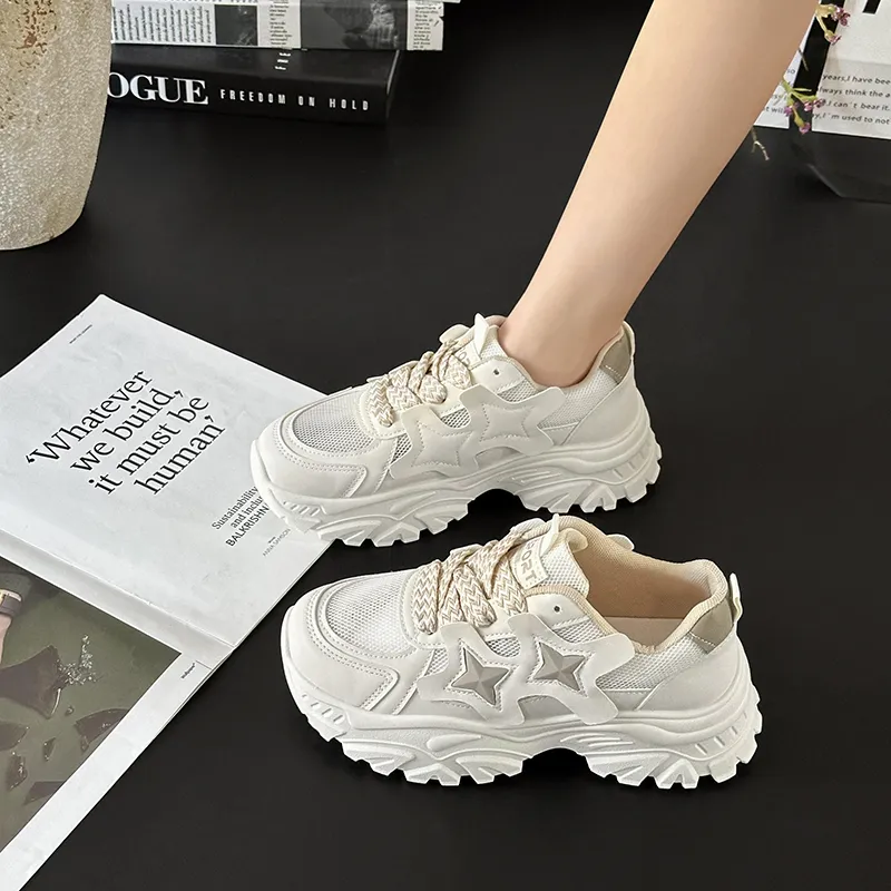 Puppytown Breathable Height Increase Low Top Chunky Sneakers Women's Ecru-2