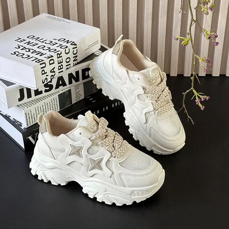 Puppytown Breathable Height Increase Low Top Chunky Sneakers Women's Ecru-4