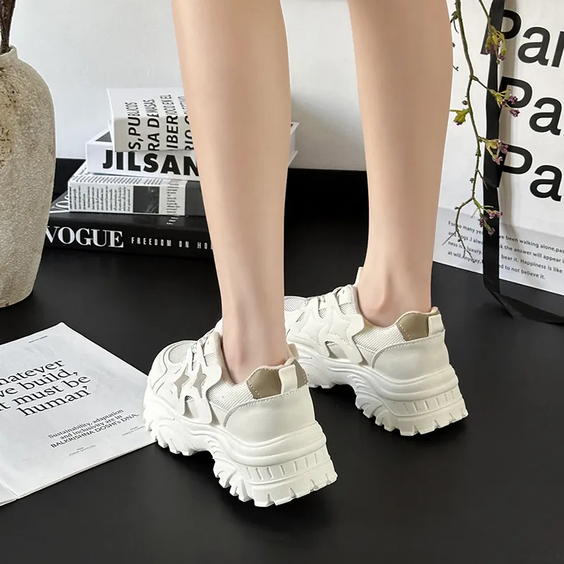 Puppytown Breathable Height Increase Low Top Chunky Sneakers Women's Ecru-1