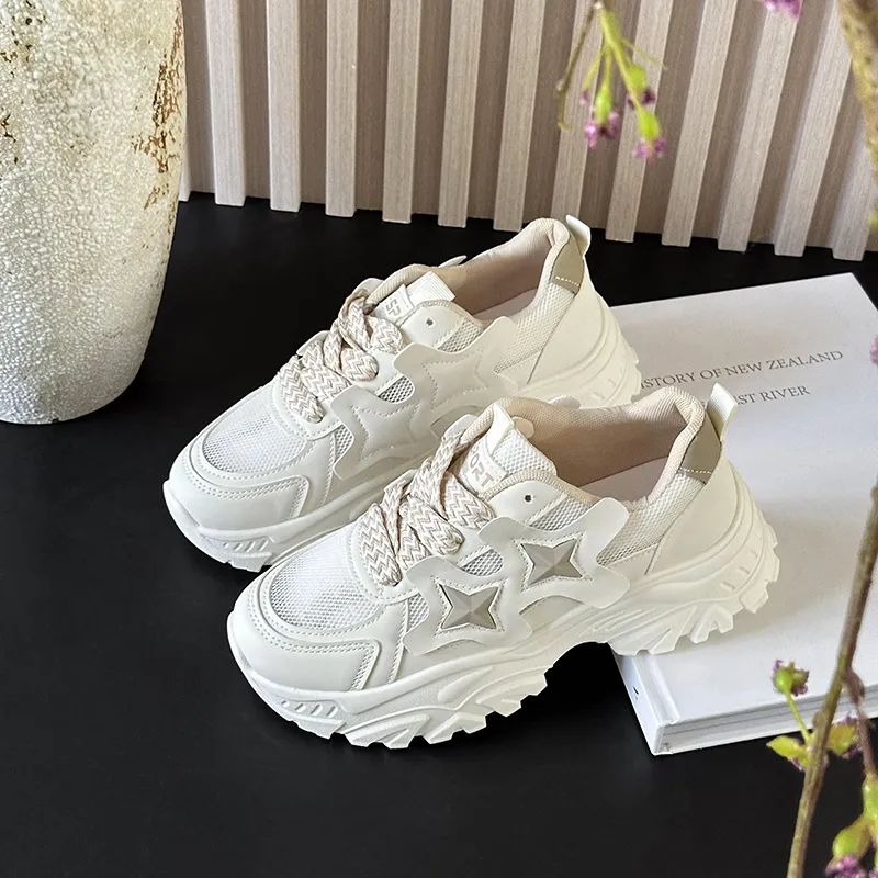 Puppytown Breathable Height Increase Low Top Chunky Sneakers Women's Ecru-5