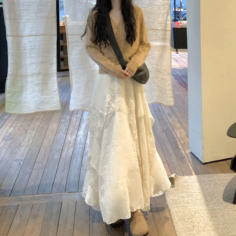 LEMON FAIRY Casual Long Skirts Women's Apricot-3