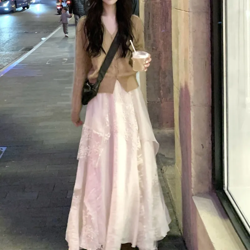 LEMON FAIRY Casual Long Skirts Women's Apricot-4