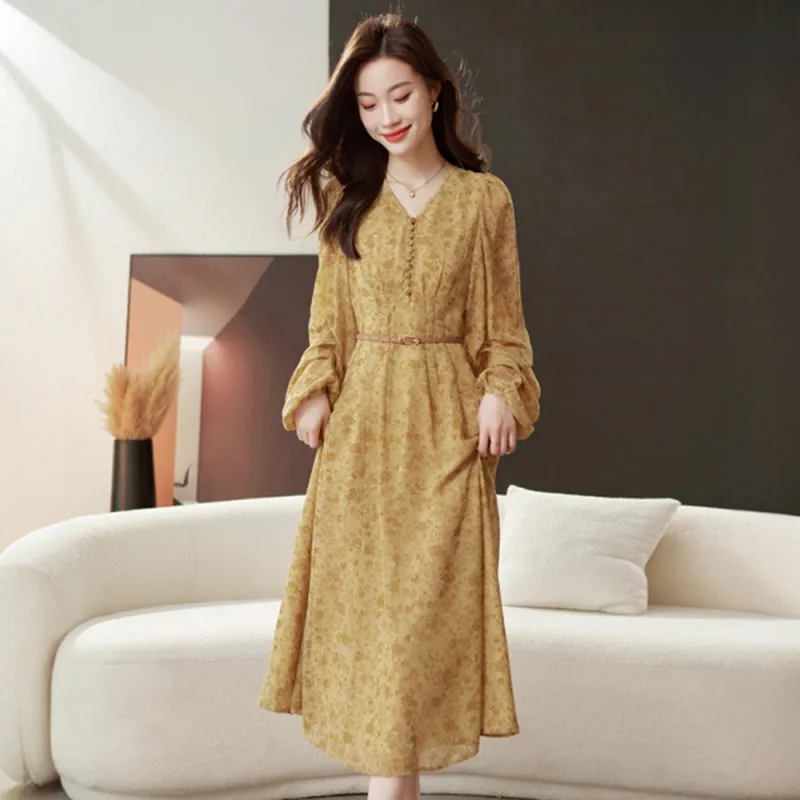 LEMON FAIRY Long Sleeved Dress Women's Yellow Floral-4