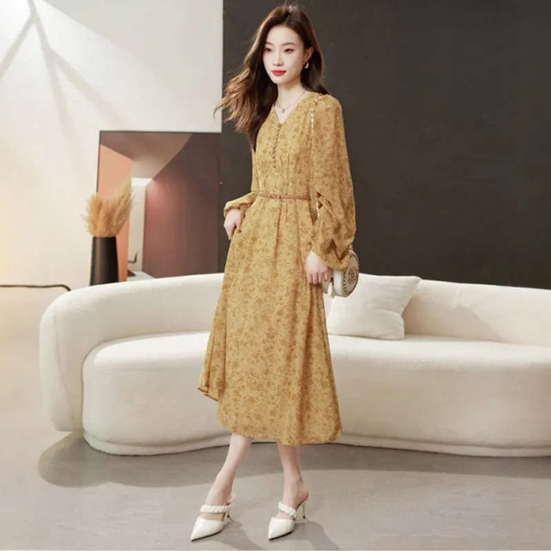 LEMON FAIRY Long Sleeved Dress Women's Yellow Floral-6