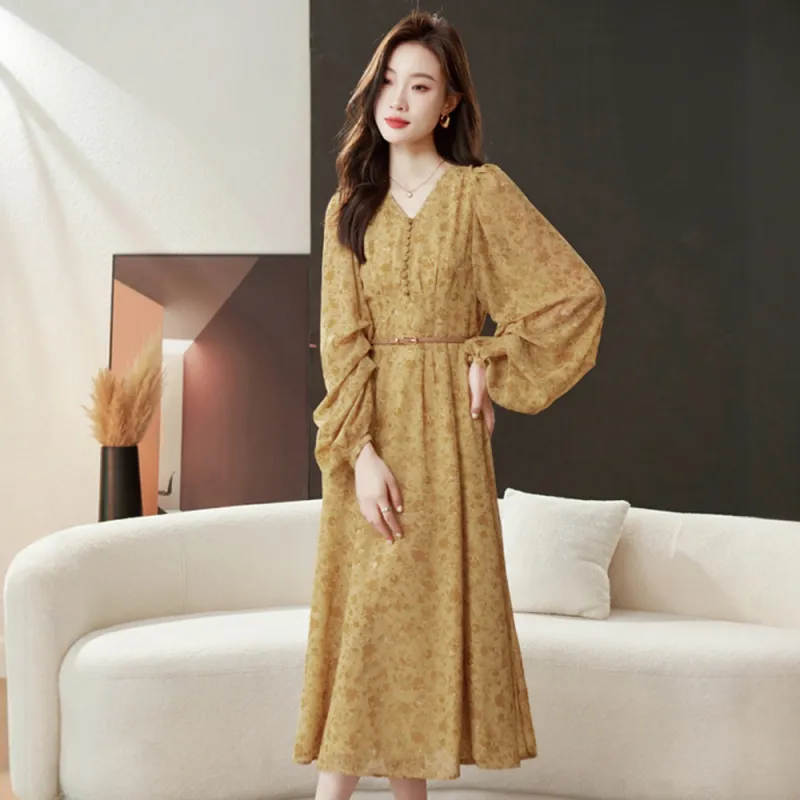 LEMON FAIRY Long Sleeved Dress Women's Yellow Floral-3