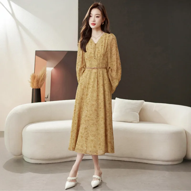 LEMON FAIRY Long Sleeved Dress Women's Yellow Floral-5