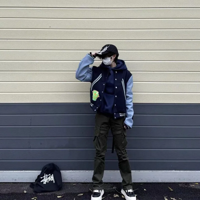 HOKLV Fashion Baseball Jacket Style Unisex Navy Blue Classic Tone-4