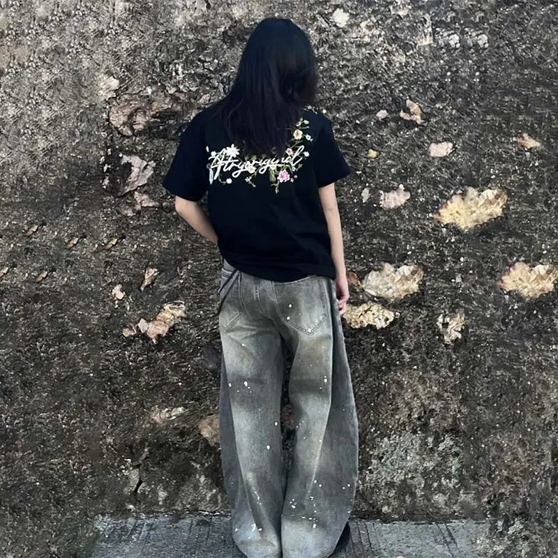 WELTER EXPERIMENT Solid Color Casual Comfortable Loose Fit Embroidery T Shirt Unisex-2