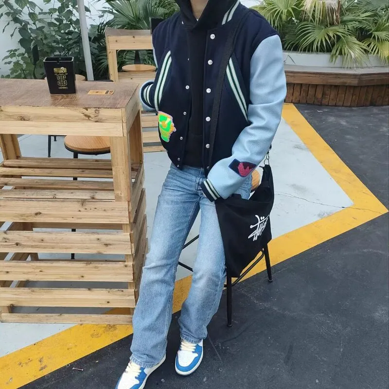 HOKLV Fashion Baseball Jacket Style Unisex Navy Blue Classic Tone-2