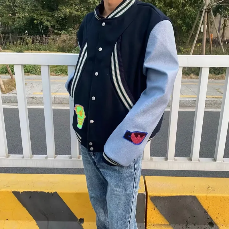 HOKLV Fashion Baseball Jacket Style Unisex Navy Blue Classic Tone-7