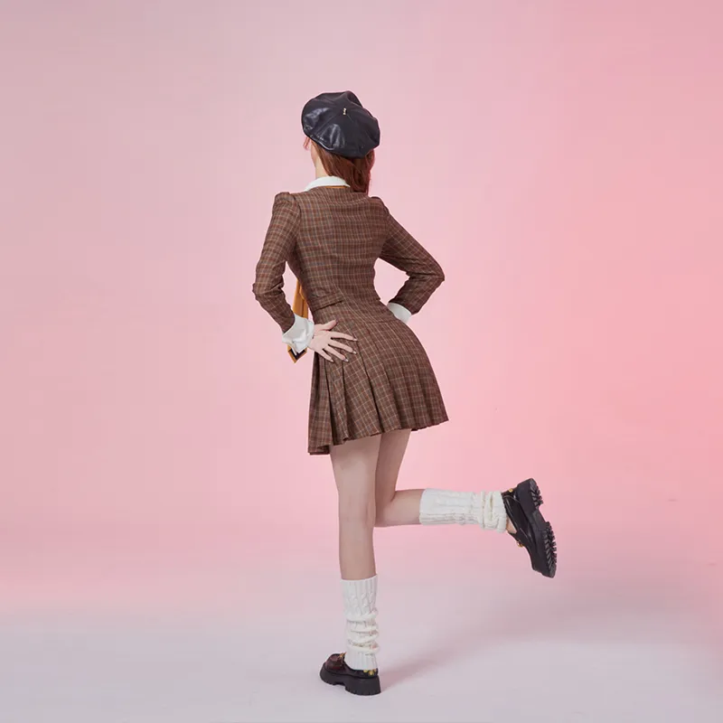 Girly Fancy Club Long-Sleeved Dresses Women's Brown Coffee Plaid-2