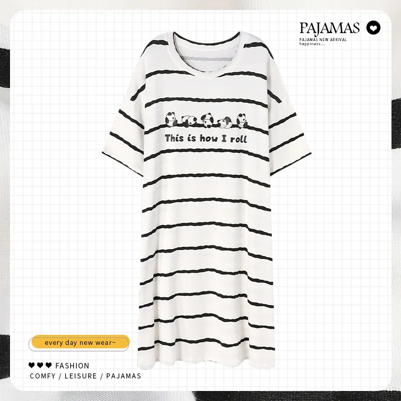 Mulong Family Nightgown Women's Black White Stripes-1