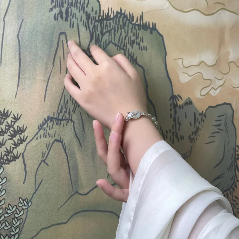 HUISHI S925 Silver Hetian Jade Bracelets Women's Green Jade-3
