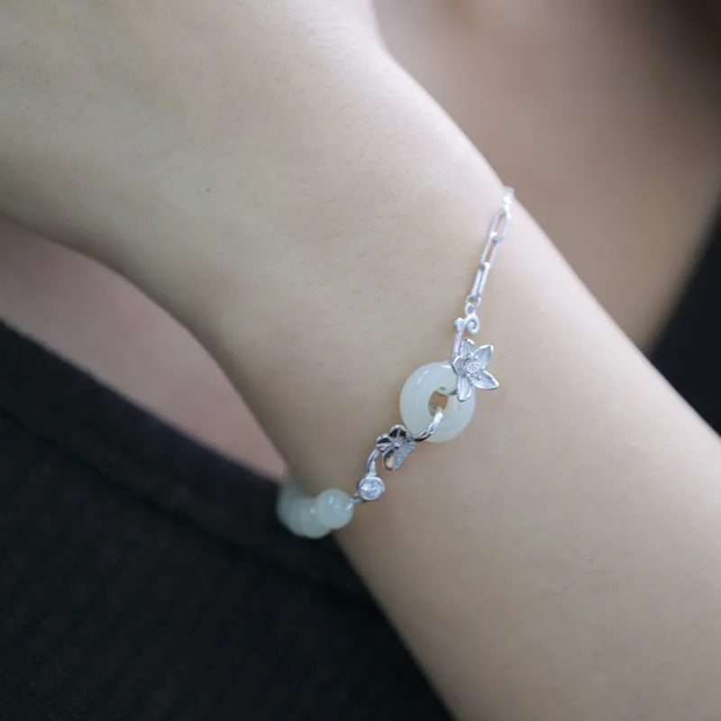HUISHI S925 Silver Hetian Jade Bracelets Women's Green Jade-4