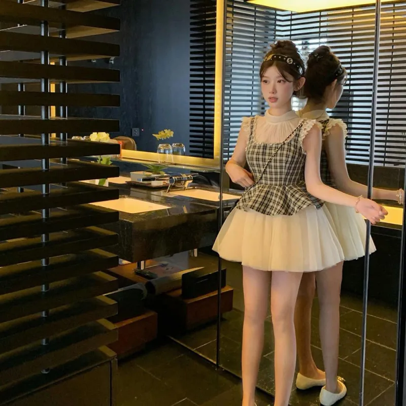 FLIM Sleeveless Dresses Women's Black White Plaid-5