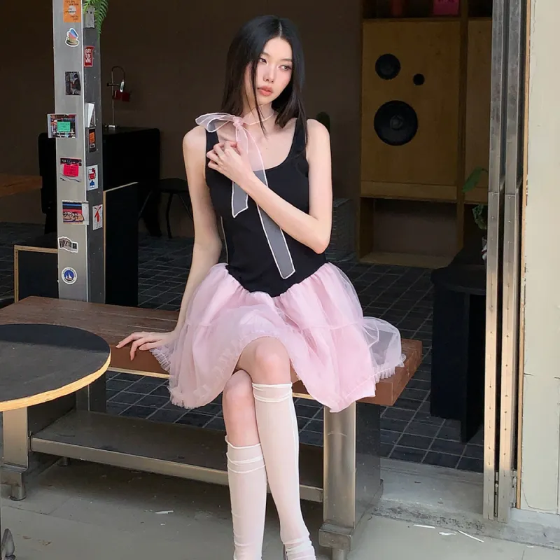 FLIM Sleeveless Dresses Women's Black Pink-5