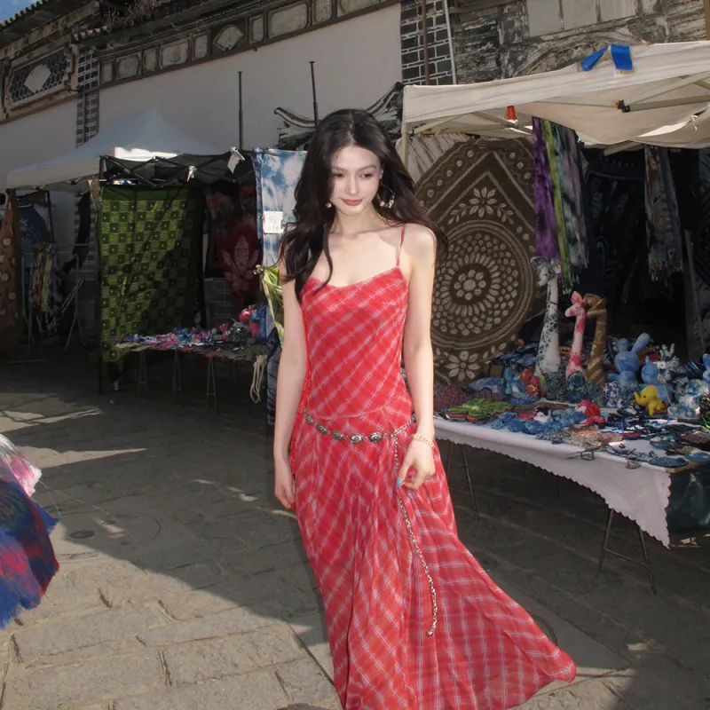 FLIM Slip Dress Women's Red Plaid-3