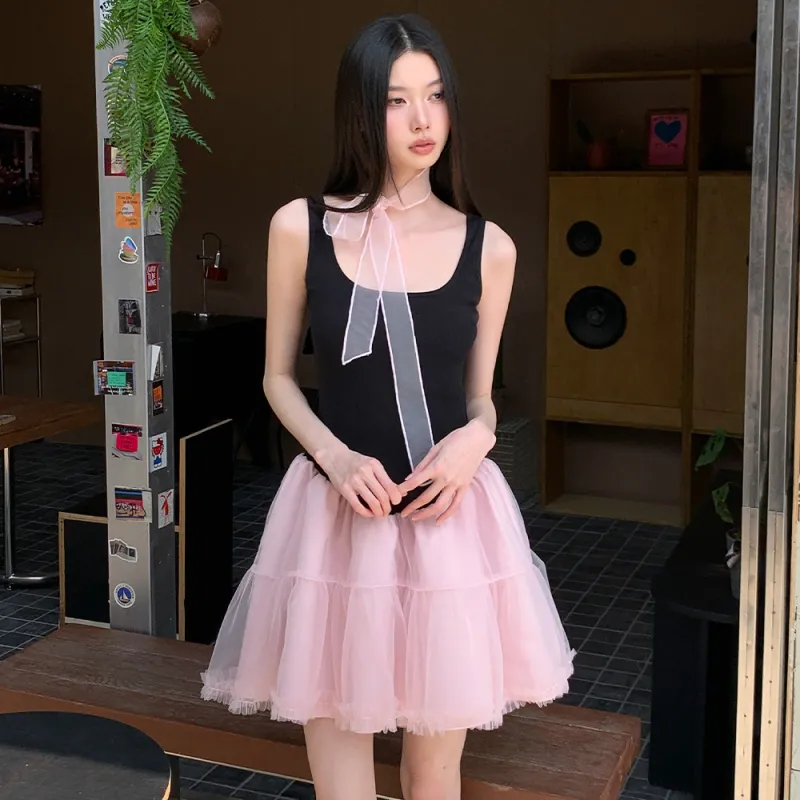 FLIM Sleeveless Dresses Women's Black Pink-3