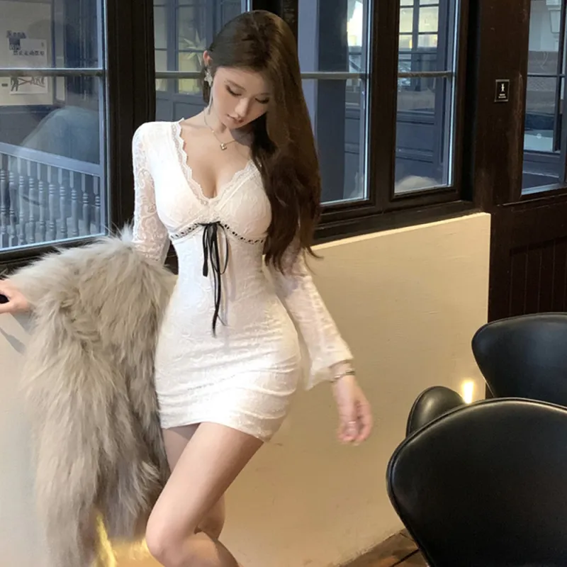 FLIM Long Sleeved Dresses Women's White-4