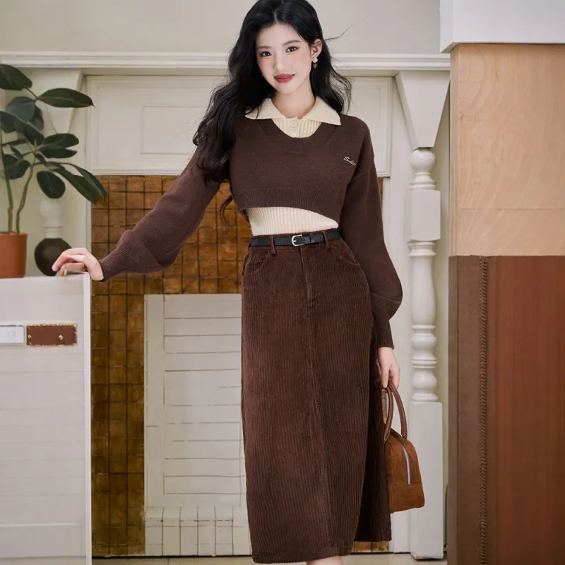FLIM Two Piece Skirt Sets Women's Coffee Clothing Sets-1