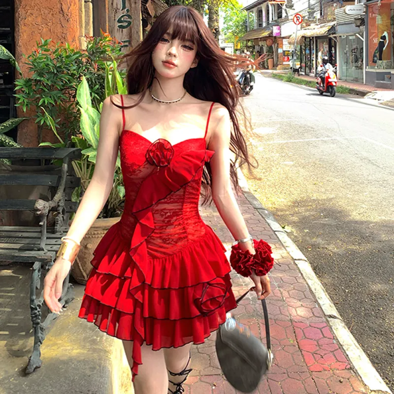 FLIM Slip Dresses Women's Red-1