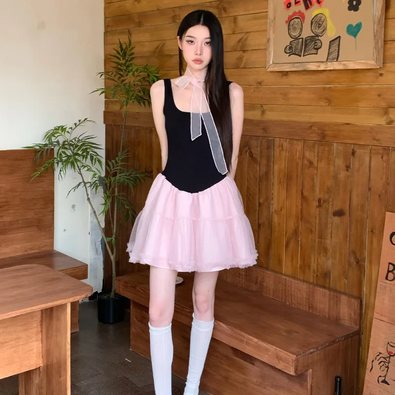 FLIM Sleeveless Dresses Women's Black Pink-6