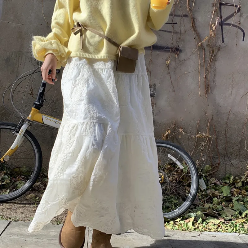 FLIM Casual Long Skirts Women's White-4