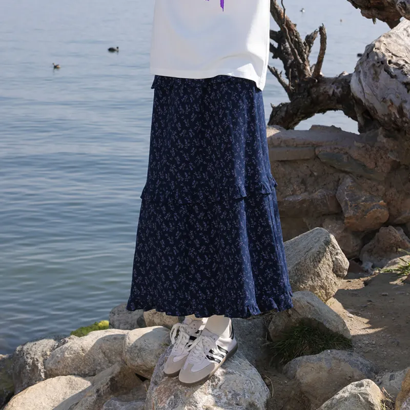 FLIM Casual Long Skirts Women's Navy Blue-12