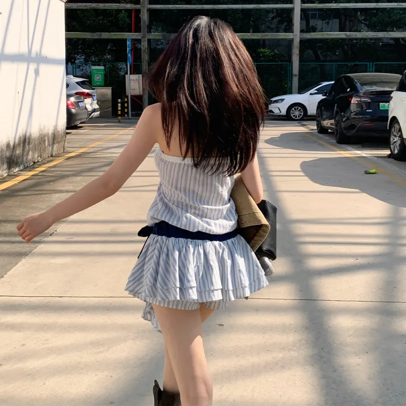 FLIM Sleeveless Dresses Women's Blue White Stripes Bear Box-7