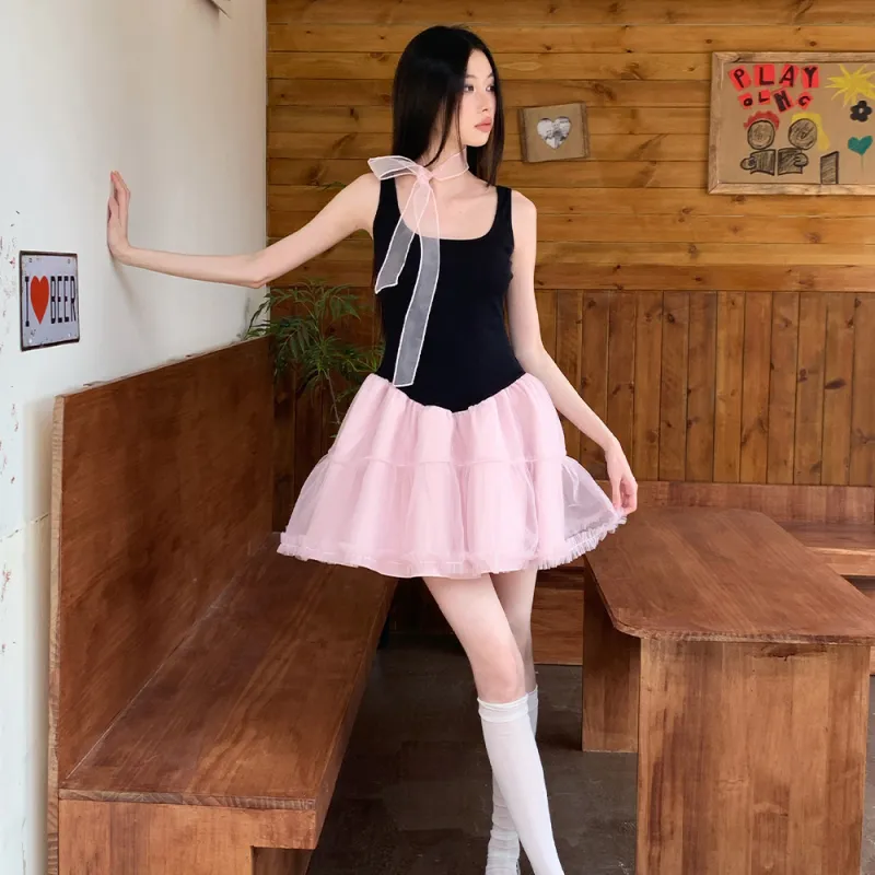 FLIM Sleeveless Dresses Women's Black Pink-4