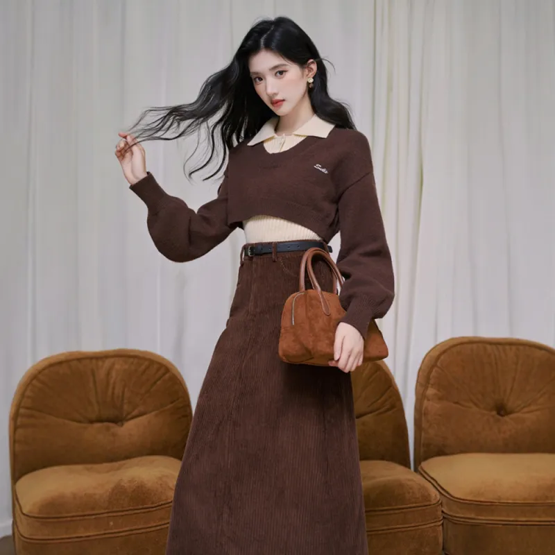 FLIM Two Piece Skirt Sets Women's Coffee Clothing Sets-5