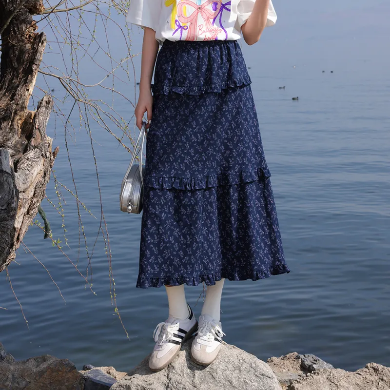 FLIM Casual Long Skirts Women's Navy Blue-6