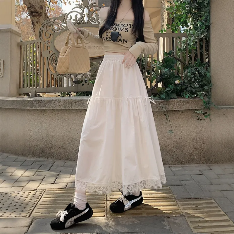FLIM Casual Long Skirts Women's White-7