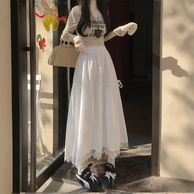 FLIM Casual Long Skirts Women's White-5