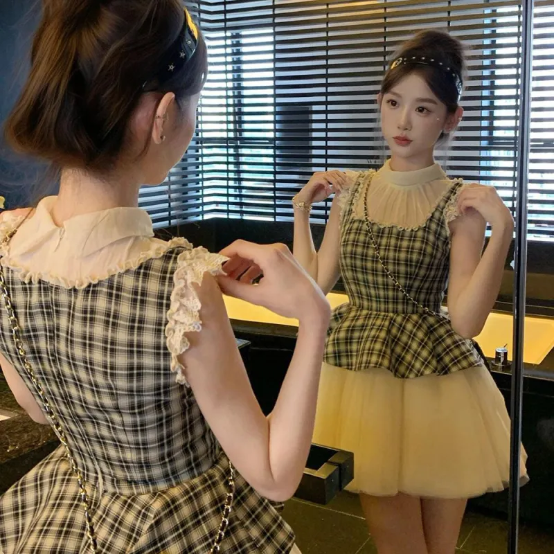 FLIM Sleeveless Dresses Women's Black White Plaid-4