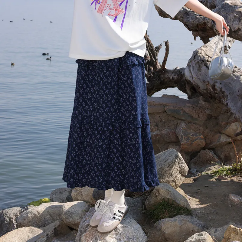 FLIM Casual Long Skirts Women's Navy Blue-9