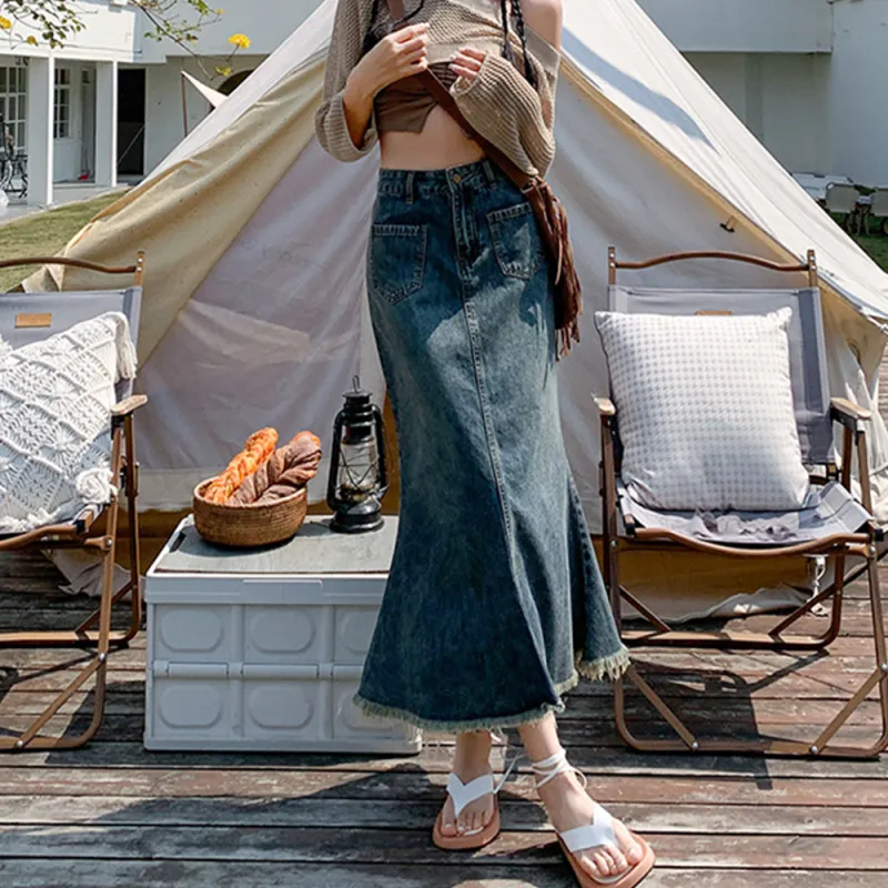 FLIM Denim Long Skirts Women's Blue-3