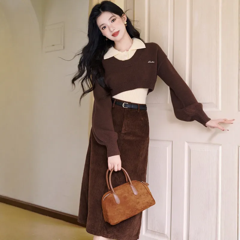 FLIM Two Piece Skirt Sets Women's Coffee Clothing Sets-4