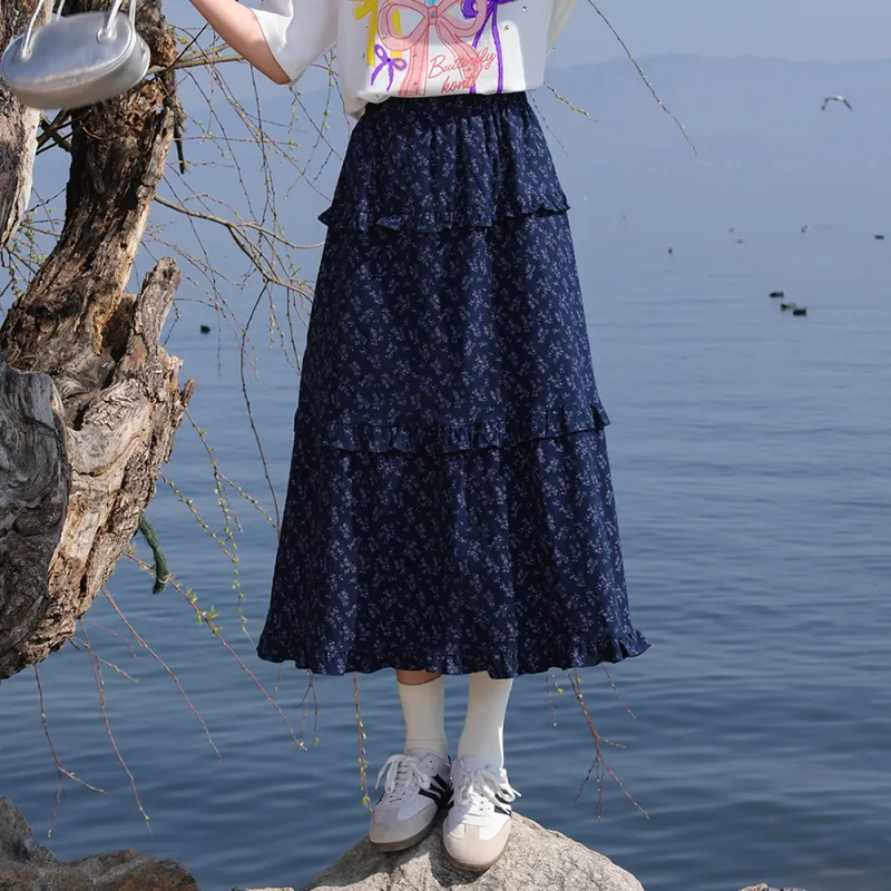 FLIM Casual Long Skirts Women's Navy Blue-10